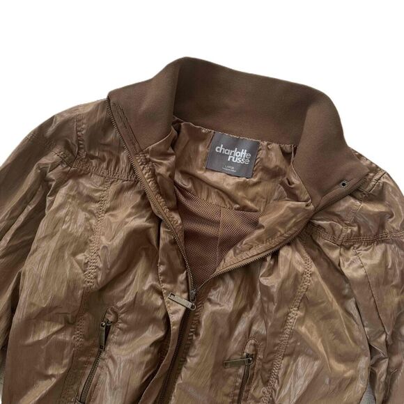 Charlotte Russe Bomber Jacket Large L Bronze Brown Full Zip Stand Collar Gold - Picture 3 of 9